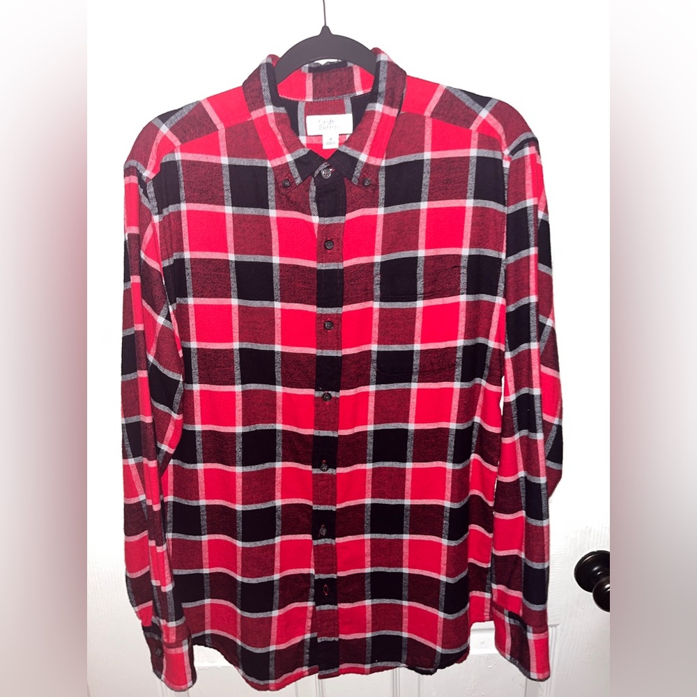 Red and black button up flannel shirt